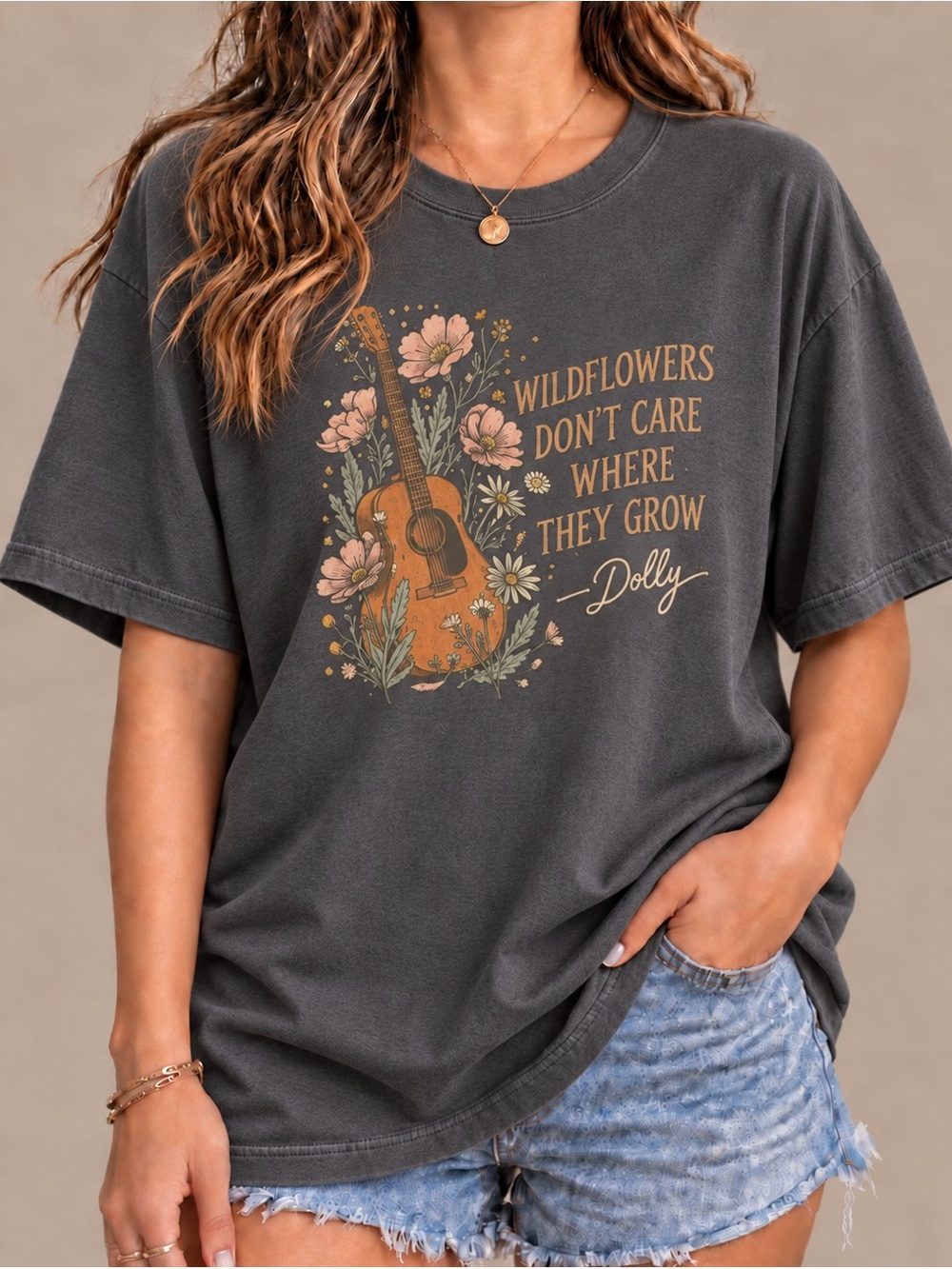 Dolly Wildflowers Guitar Quote Nashville Western Statement Womens Graphic Tee
